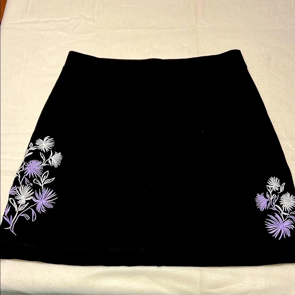 Roz & Ali Black A-Line Mini Skirt with Purple Floral Accents